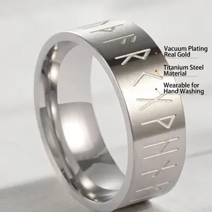Men's titanium steel Viking Rune ring with matte silver finish and waterproof coating