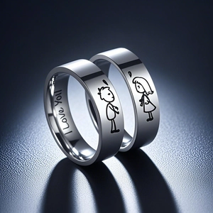 Titanium Steel Couple Ring Set Stainless Steel Engraved Heart Cartoon Figure I Love You Band Ring For Lovers Gift Jewelry