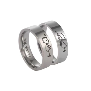 Minimalist titanium steel couple rings featuring cartoon figures and I Love You engraving