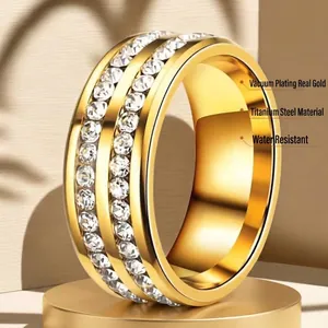 Waterproof gold titanium steel ring featuring double-row crystal diamonds for women