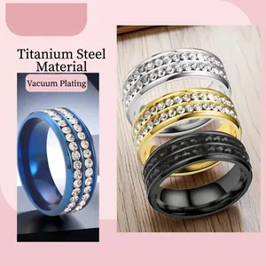 Titanium steel rings with pavé crystals in gold, silver, blue, and black plating