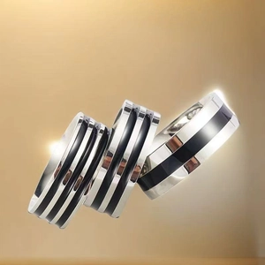 Three-piece titanium steel ring set with black enamel stripes and polished silver finish
