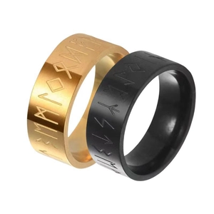 Norse Viking rune rings in gold and black stainless steel with polished matte finishes