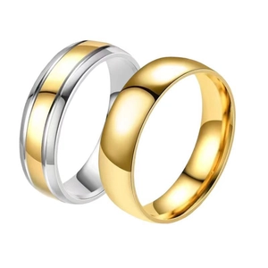 Polished stainless steel couple ring set with silver and gold two-tone metallic finish