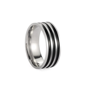 Men's minimalist titanium steel ring with triple black parallel stripes on silver band