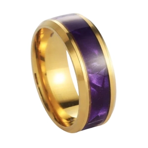 Polished gold titanium steel ring featuring a wide band and purple geometric inlay for men