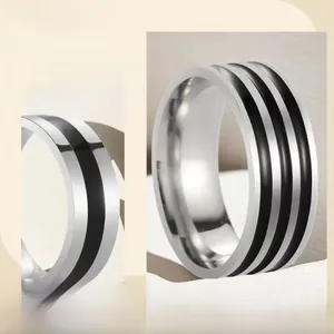 Macro detail of men's titanium steel ring with black groove and vacuum plated finish