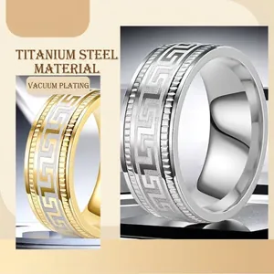 Titanium steel ring with Greek key pattern and vacuum plating in gold and silver