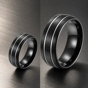 Anello minimalista da uomo in acciaio al titanio con finitura nero opaco e doppie strisce