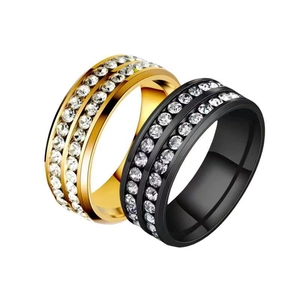 Bagues minimalistes en acier inoxydable doré et noir avec double rangée de diamants