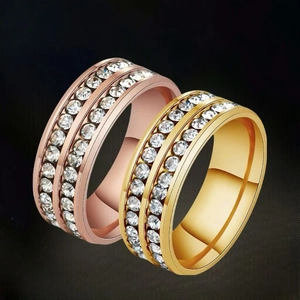 Titanium Steel Rhinestone Ring For Women Fashion Geometric Double Row Drill Wedding Party Inlaid Band Ring Jewelry Gift