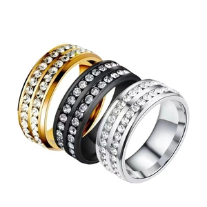 Three minimalist titanium steel rings in gold, black and silver with double row rhinestones