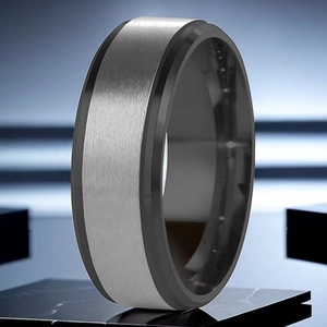 Macro detail of men's titanium steel ring with silver brushed center and black polished edges
