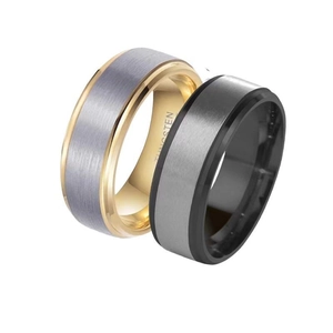 Two-tone tungsten steel rings with brushed grey finish in gold and black accents