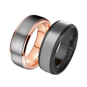 Two-tone brushed stainless steel rings for men featuring rose gold and black inner bands