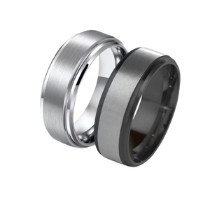 Brushed titanium steel rings for men featuring silver and black two-tone industrial design