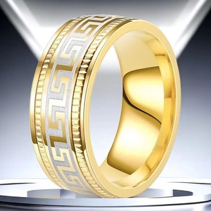 Two-tone stainless steel ring with golden finish and Greek Key engraved pattern