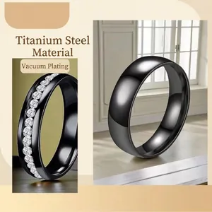 Polished black titanium steel ring set with minimalist band and channel-set crystal accents