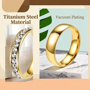 Polished titanium steel ring set with vacuum plating and sparkling zircon inlay