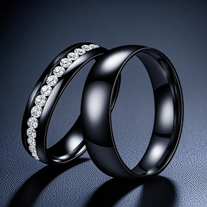 Minimalist Black Stainless Steel Band Ring For Men Women Couple Rhinestone Inlaid Mirror Finish Finger Jewelry Gift