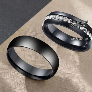 Titanium steel black ring set with clear cubic zirconia and polished minimalist band