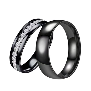 Polished black titanium steel ring set for couples featuring channel-set sparkling zircons
