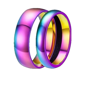 Rainbow gradient stainless steel couple rings with minimalist polished finish for lovers