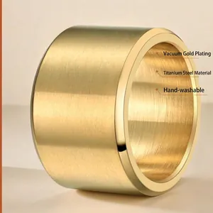 Men's wide brushed titanium steel ring with gold plating and waterproof finish