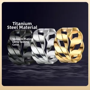 Three-color titanium steel rings with hollow chain design and vacuum plating