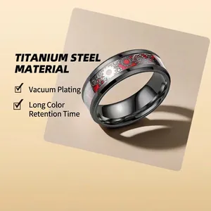 Titaniumstalen tandwielring voor heren met zwarte vacuümplating en rood industrieel patroon
