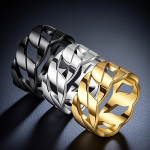 Three-piece titanium steel chain rings set in black, silver and gold tones for men