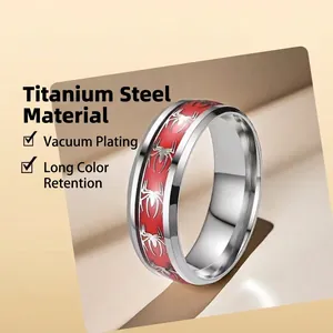 Polished titanium steel spider ring with red inlay in a punk gothic style