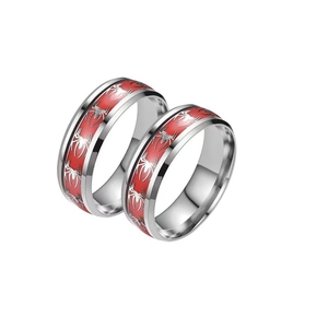 Titanium steel ring with red spider pattern design for men, polished silver finish