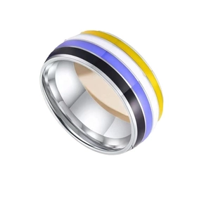 Stainless steel non-binary pride ring with yellow white purple and black stripes