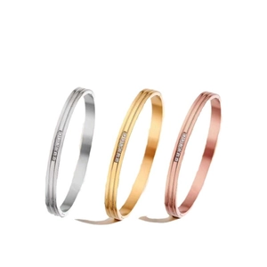 Three minimalist stainless steel bangles in gold, silver, and rose gold with zircon accents