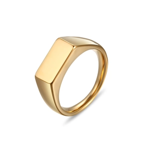Polished gold square signet ring made of stainless steel shown from a 45-degree angle