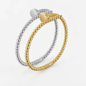 Polished titanium steel ball bead oval cuff bracelets in gold and silver finishes