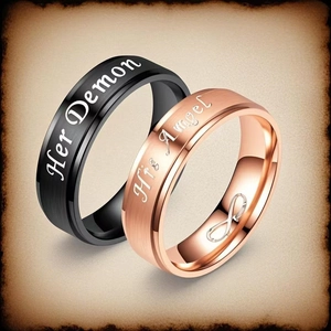 Stainless Steel Titanium Couple Rings Engraved Stick Figure His Angel Her Demon Band Minimalist Non Fading Jewelry
