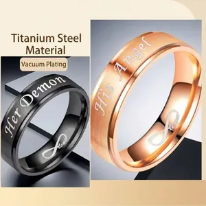 Titanium steel couple rings featuring Her Demon and His Angel engraved designs