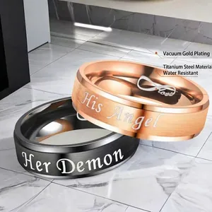 Titanium steel couple rings set with Her Demon and His Angel laser engraving
