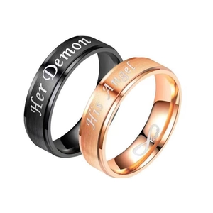 Couples stainless steel ring set with Her Demon and His Angel engravings and matte finish