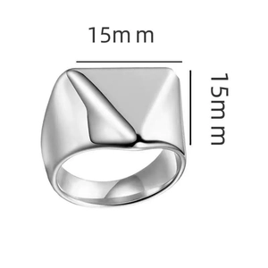 Minimalist silver stainless steel ring with 15mm square flat top and diagonal embossed line
