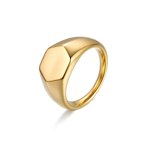 Polished gold stainless steel signet ring with a geometric hexagonal flat top surface
