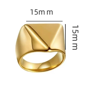 Polished 18K gold stainless steel signet ring with a geometric 3D V-shaped ridge pattern