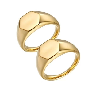 Polished gold stainless steel signet rings with a modern hexagonal geometric flat top design