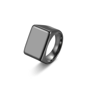 Men's matte black stainless steel square signet ring shown from a side perspective