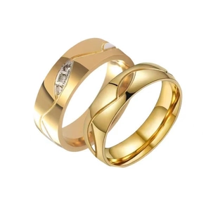 Polished titanium steel couple ring set with wave patterns and embedded zircon stone