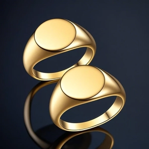 Polished gold stainless steel signet rings with a flat round face on a blue background