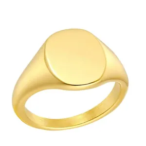 Polished round gold signet ring in minimalist stainless steel for custom engraving