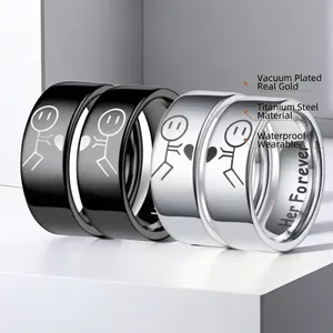Polished stainless steel couple rings set with matchman icons and Her Forever engraving